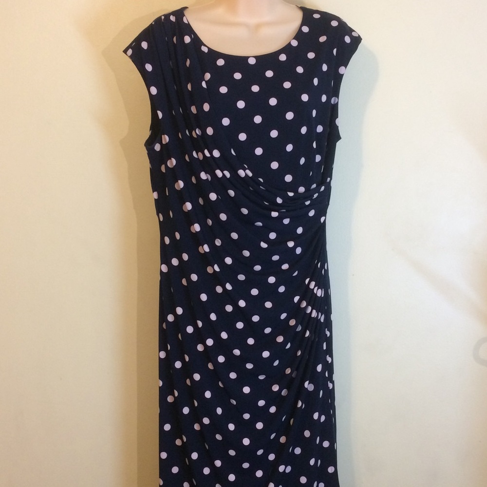 Connected Apparel Blue Pink Polka Dots Dress Faux Wrap Cap Sleeves Size 16